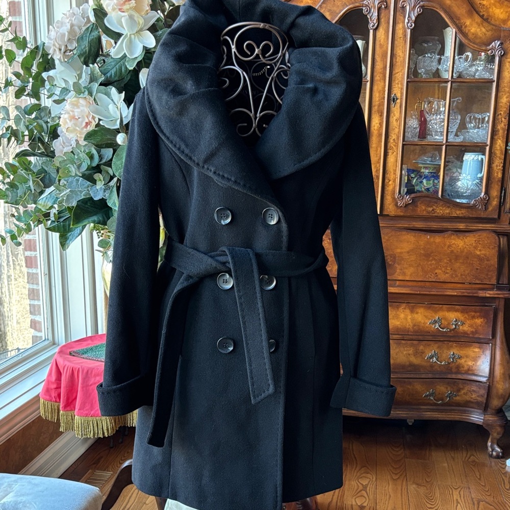 Ellen Tracy Black Double-Breasted Belted Wool Pea Coat with Shawl Collar